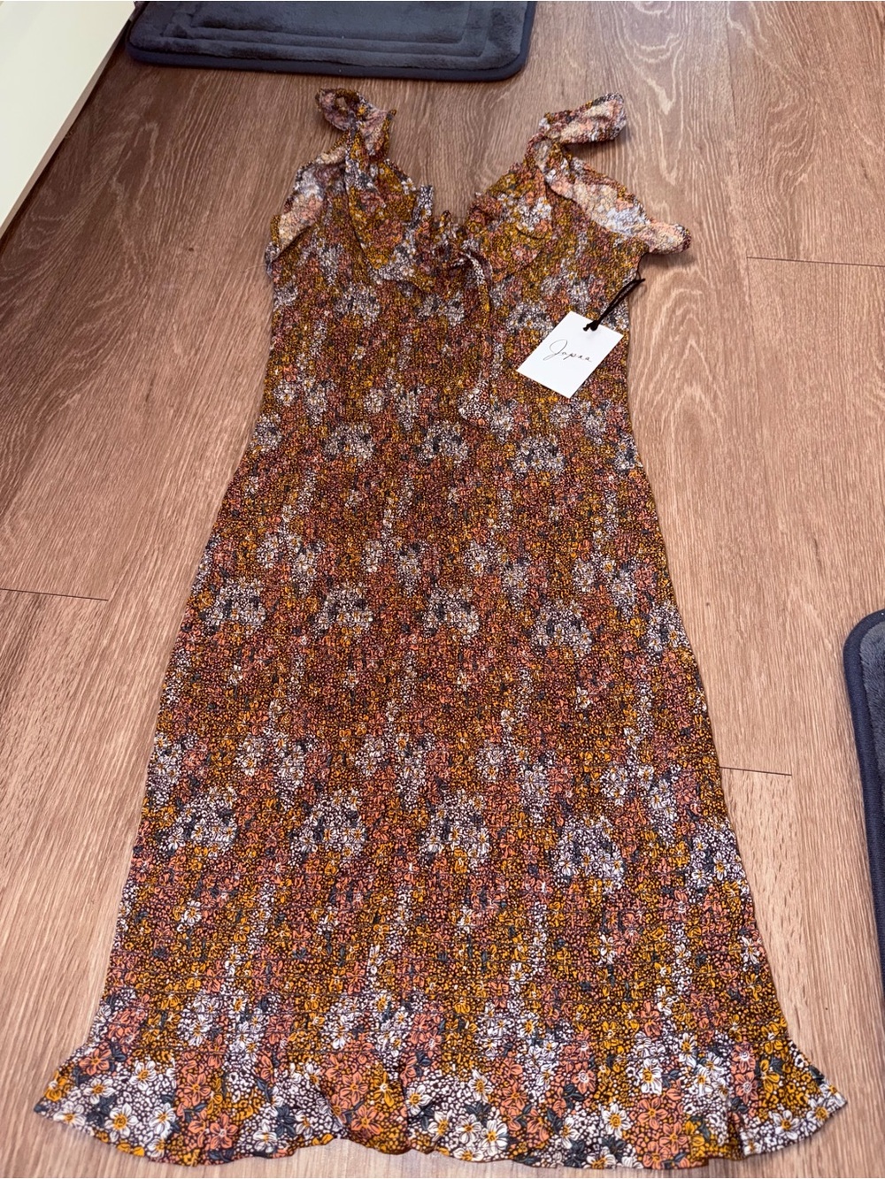 Japna Mustard Floral Ruffle-Trim Midi Dress